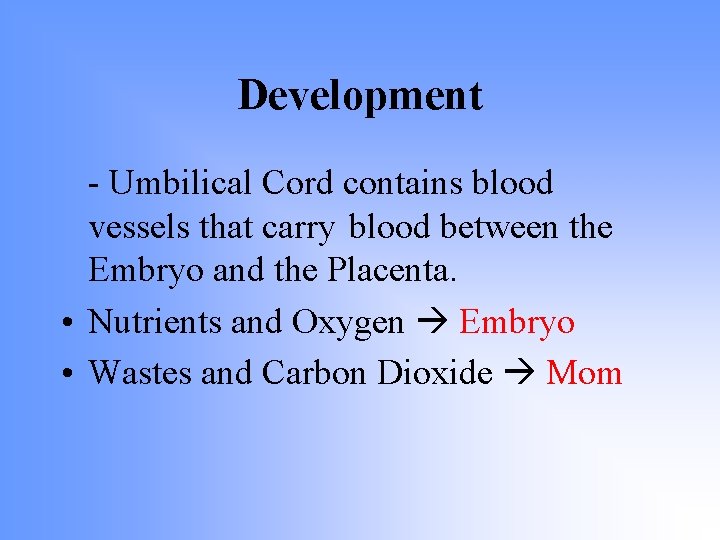 Development - Umbilical Cord contains blood vessels that carry blood between the Embryo and Development - Umbilical Cord contains blood vessels that carry blood between the Embryo and