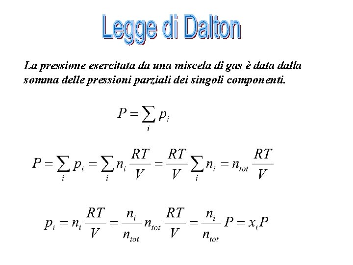 La pressione esercitata da una miscela di gas è data dalla somma delle pressioni