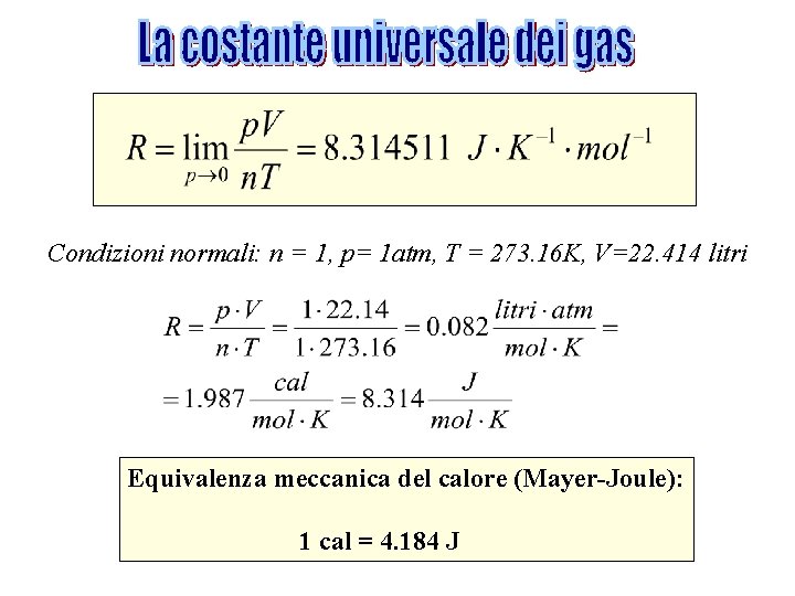 Condizioni normali: n = 1, p= 1 atm, T = 273. 16 K, V=22.