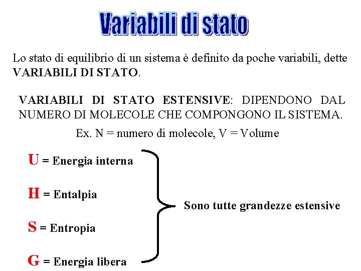 Lo stato di equilibrio di un sistema è definito da poche variabili, dette VARIABILI