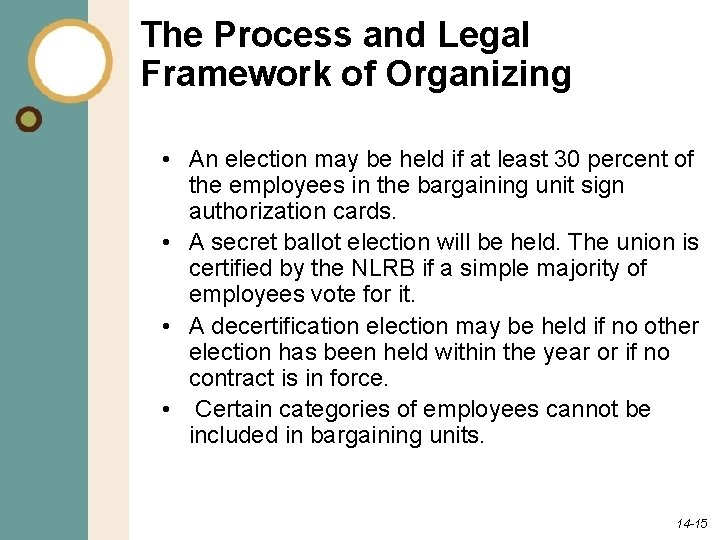 The Process and Legal Framework of Organizing • An election may be held if