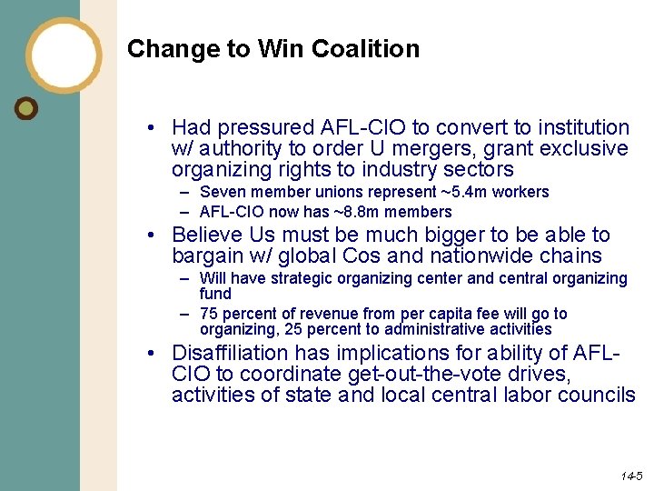 Change to Win Coalition • Had pressured AFL-CIO to convert to institution w/ authority