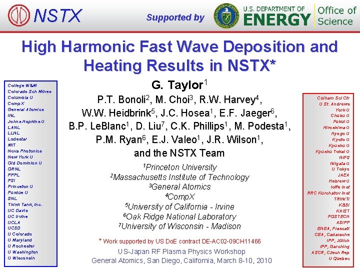 NSTX Supported by High Harmonic Fast Wave Deposition and Heating Results in NSTX* College