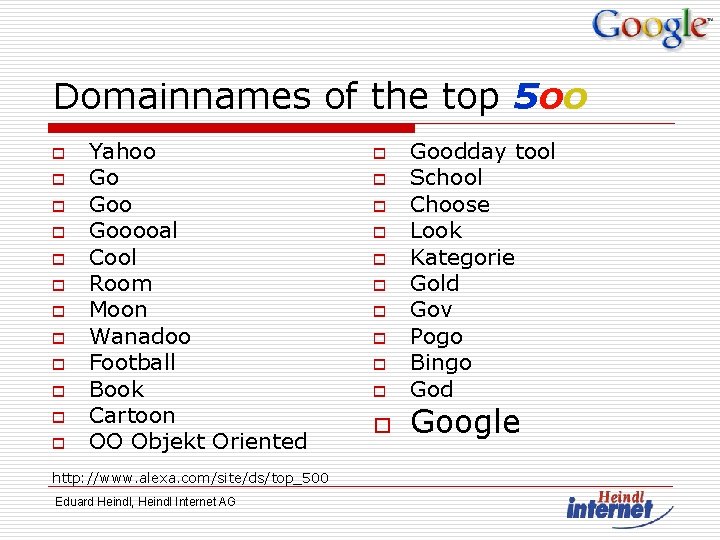 Domainnames of the top 5 oo o o o Yahoo Go Gooooal Cool Room