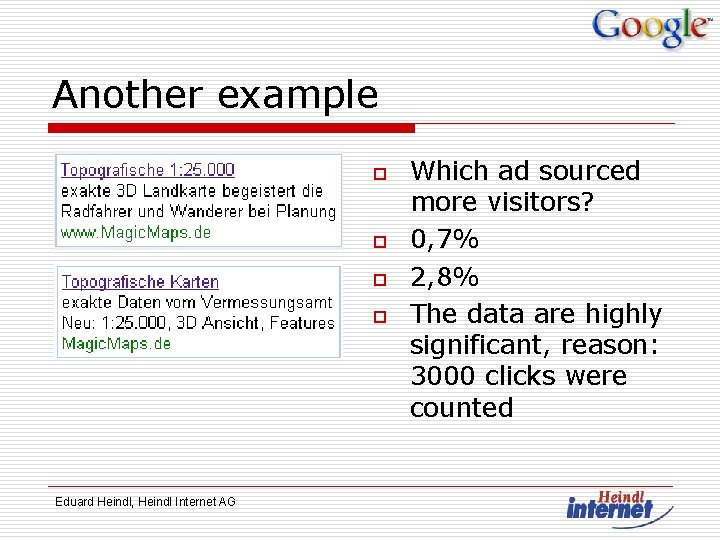 Another example o o Eduard Heindl, Heindl Internet AG Which ad sourced more visitors?