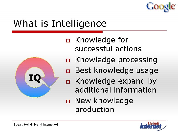 What is Intelligence o o IQ o o o Eduard Heindl, Heindl Internet AG