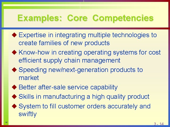 Examples: Core Competencies u Expertise in integrating multiple technologies to create families of new