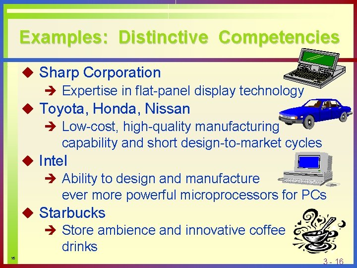 Examples: Distinctive Competencies u Sharp Corporation è Expertise in flat-panel display technology u Toyota,
