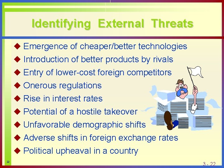 Identifying External Threats u Emergence of cheaper/better technologies u Introduction of better products by