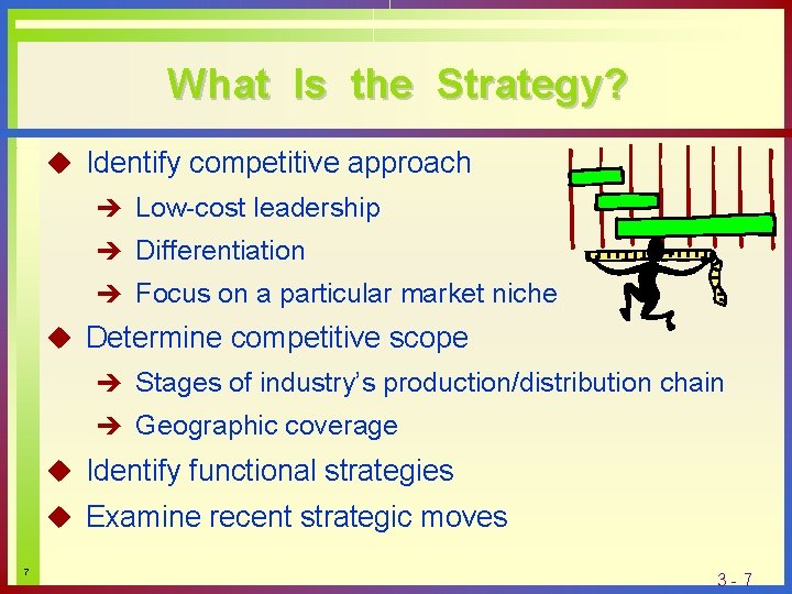 What Is the Strategy? u Identify competitive approach è Low-cost leadership è Differentiation è