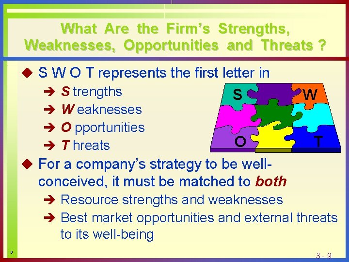 What Are the Firm’s Strengths, Weaknesses, Opportunities and Threats ? u S W O