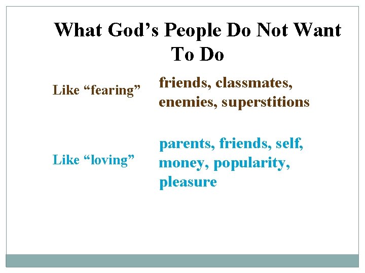 What God’s People Do Not Want To Do Like “fearing” friends, classmates, enemies, superstitions