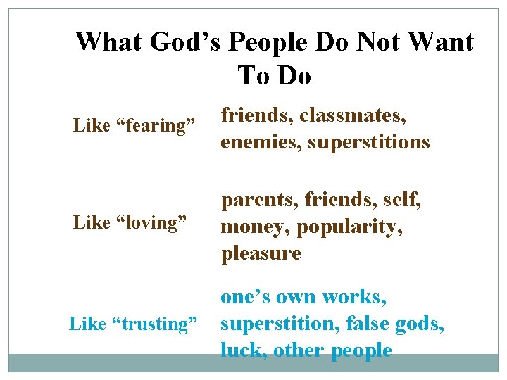 What God’s People Do Not Want To Do Like “fearing” friends, classmates, enemies, superstitions