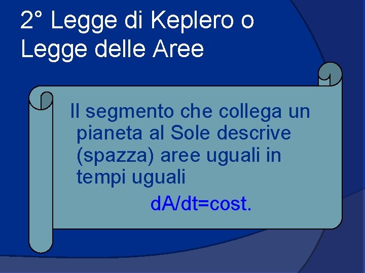 2° Legge di Keplero o Legge delle Aree Il segmento che collega un pianeta