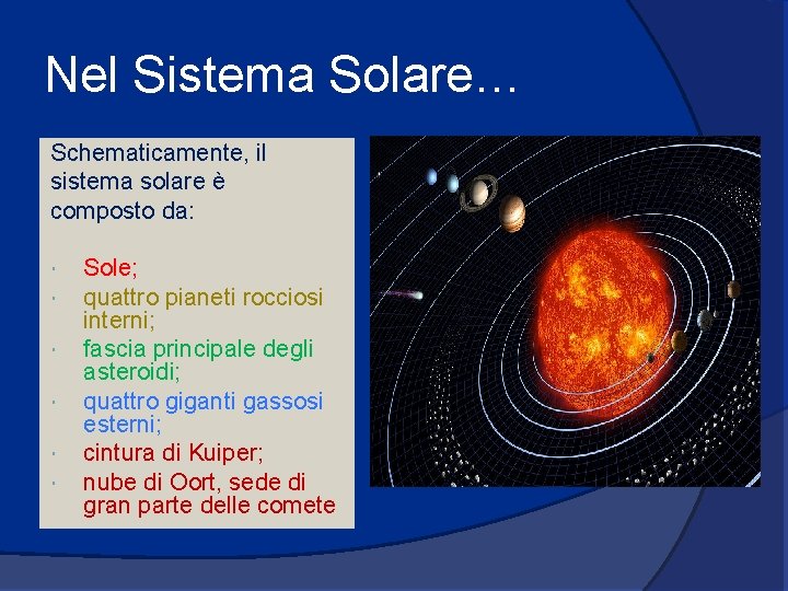 Nel Sistema Solare… Schematicamente, il sistema solare è composto da: Sole; quattro pianeti rocciosi