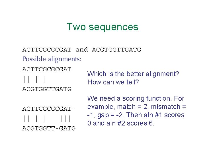 Two sequences Which is the better alignment? How can we tell? We need a