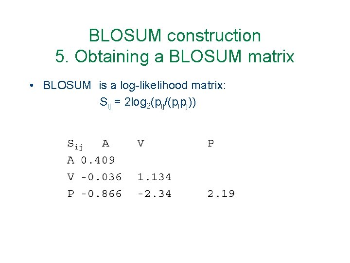 BLOSUM construction 5. Obtaining a BLOSUM matrix • BLOSUM is a log-likelihood matrix: Sij