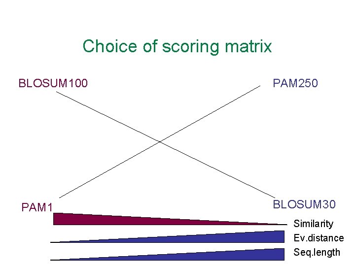 Choice of scoring matrix BLOSUM 100 PAM 250 PAM 1 BLOSUM 30 Similarity Ev.