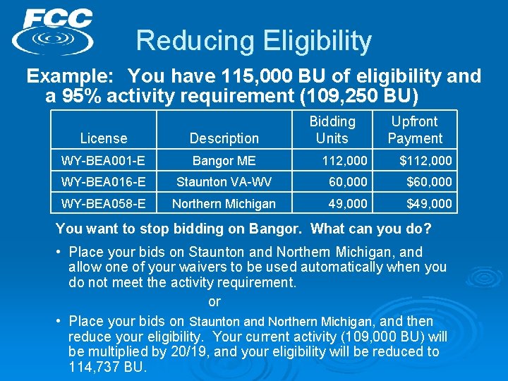 Reducing Eligibility Example: You have 115, 000 BU of eligibility and a 95% activity