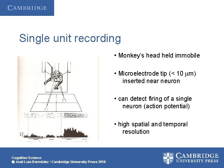 Single unit recording • Monkey’s head held immobile • Microelectrode tip (< 10 m)