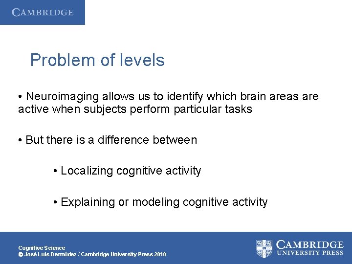 Problem of levels • Neuroimaging allows us to identify which brain areas are active