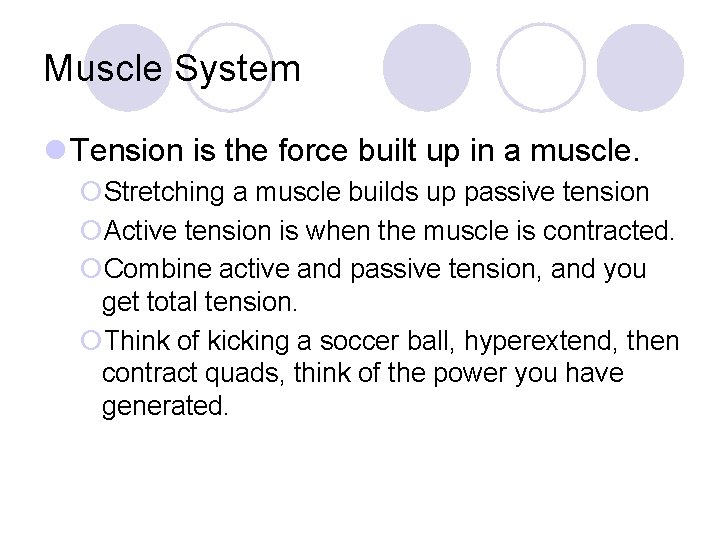 Muscle System l Tension is the force built up in a muscle. ¡Stretching a