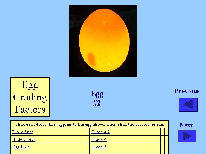 Egg Grading Factors Egg #2 Click each defect that applies to the egg above.