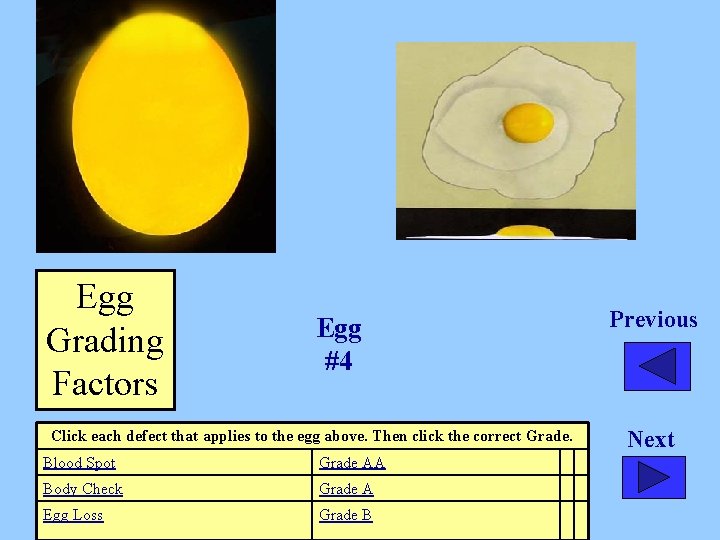 Egg Grading Factors Egg #4 Click each defect that applies to the egg above.