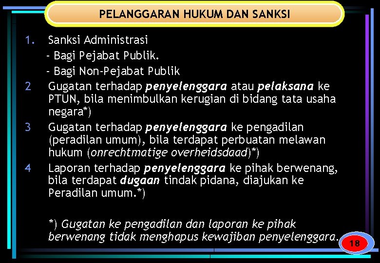 PELANGGARAN HUKUM DAN SANKSI 1. 2 3 4 Sanksi Administrasi - Bagi Pejabat Publik.