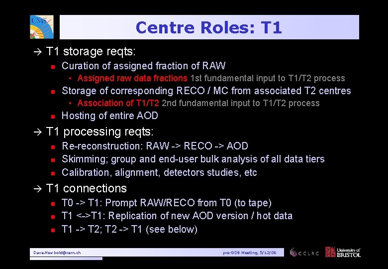 Centre Roles: T 1 à T 1 storage reqts: n Curation of assigned fraction