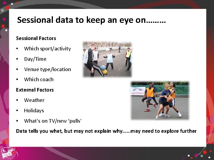 Sessional data to keep an eye on……… Sessional Factors • Which sport/activity • Day/Time