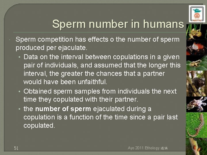 Sperm number in humans Sperm competition has effects o the number of sperm produced