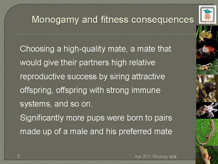 Monogamy and fitness consequences Choosing a high-quality mate, a mate that would give their