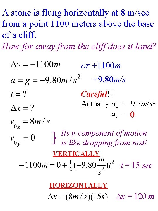 A stone is flung horizontally at 8 m/sec from a point 1100 meters above