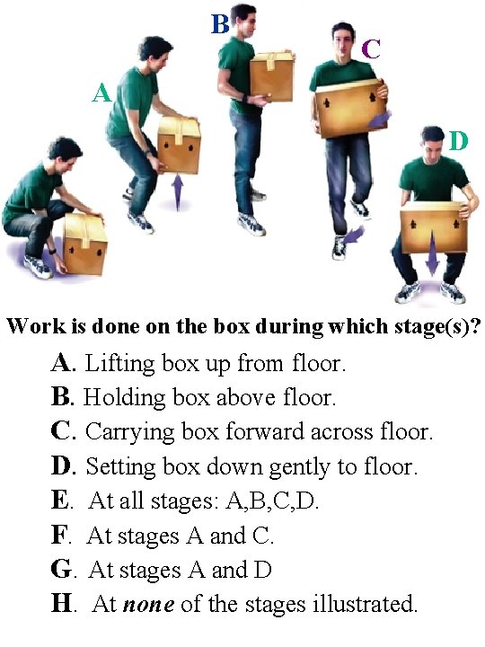 B C A D Work is done on the box during which stage(s)? A.