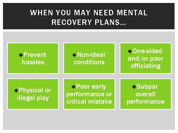 WHEN YOU MAY NEED MENTAL RECOVERY PLANS… u. Prevent hassles u. Physical or illegal