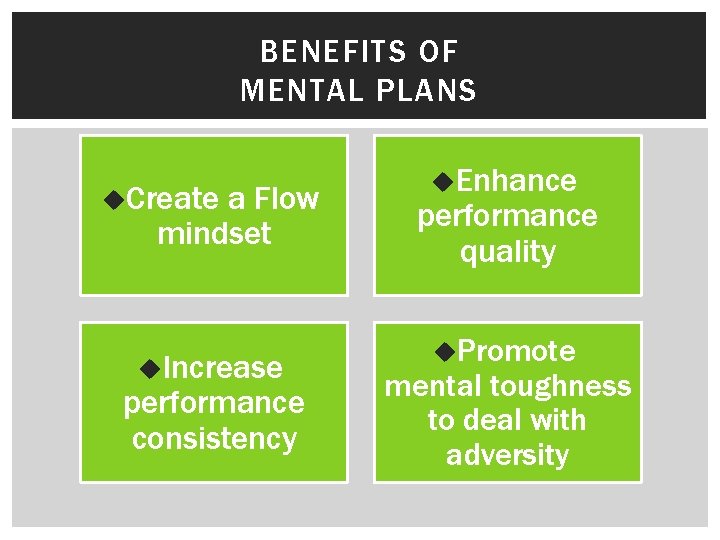 BENEFITS OF MENTAL PLANS u. Create a Flow mindset u. Increase performance consistency u.