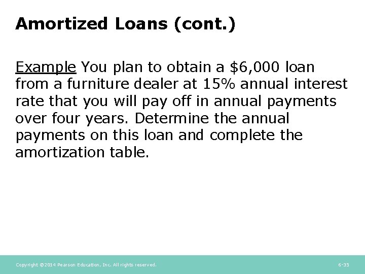 Amortized Loans (cont. ) Example You plan to obtain a $6, 000 loan from