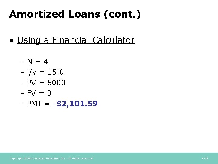 Amortized Loans (cont. ) • Using a Financial Calculator –N=4 – i/y = 15.