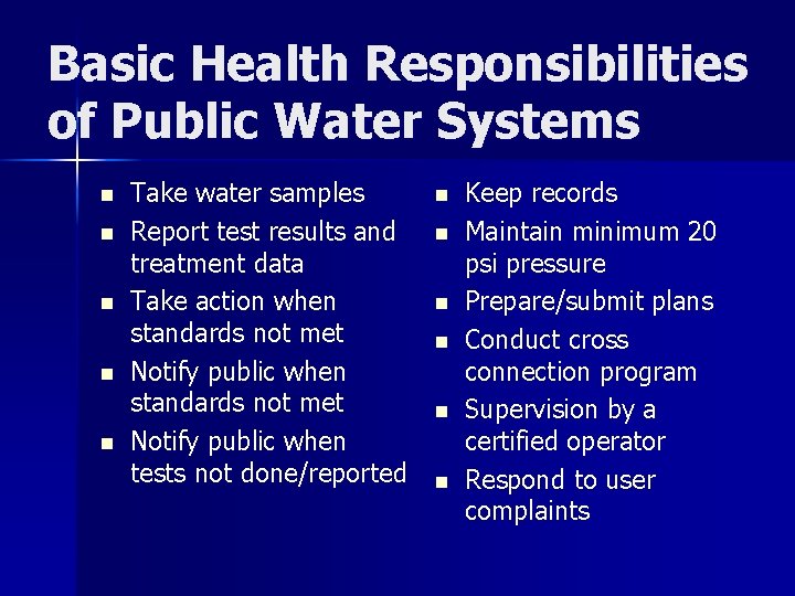 Basic Health Responsibilities of Public Water Systems n n n Take water samples Report