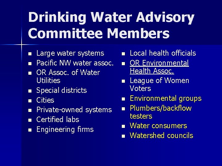 Drinking Water Advisory Committee Members n n n n Large water systems Pacific NW