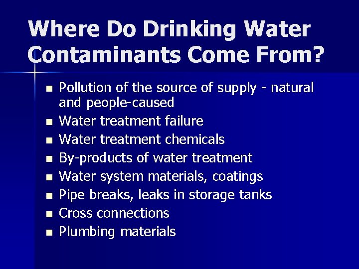 Where Do Drinking Water Contaminants Come From? n n n n Pollution of the