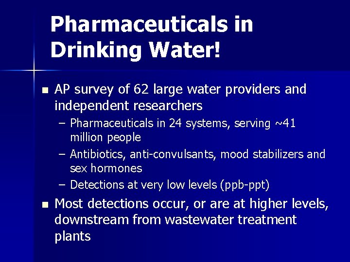 Pharmaceuticals in Drinking Water! n AP survey of 62 large water providers and independent