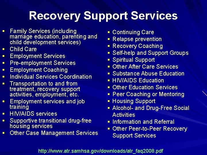 Recovery Support Services § Family Services (including marriage education, parenting and child development services)