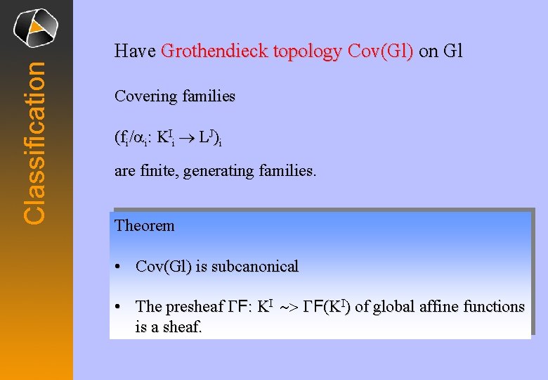 Classification Have Grothendieck topology Cov(Gl) on Gl Covering families (fi/ai: KIi ® LJ)i are