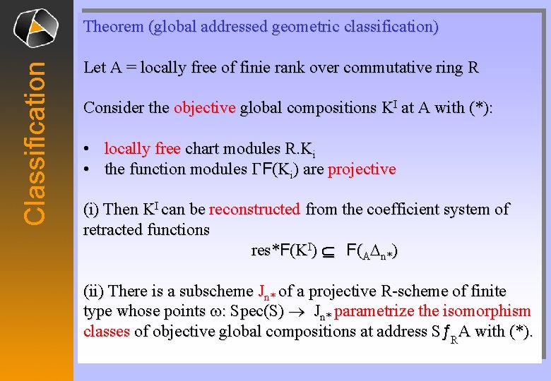 Classification Theorem (global addressed geometric classification) Let A = locally free of finie rank