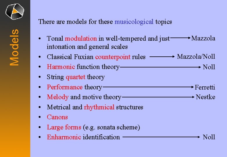 Models There are models for these musicological topics Mazzola • Tonal modulation in well-tempered