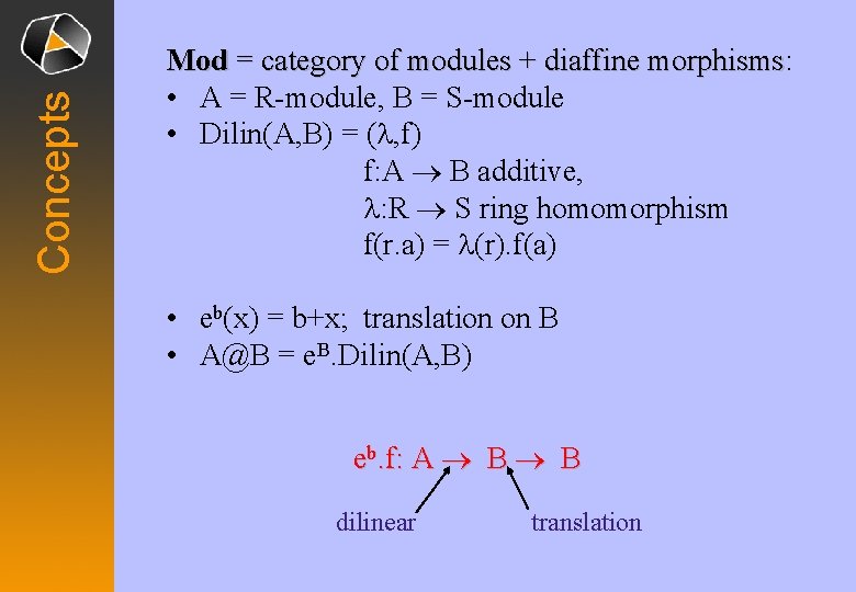 Concepts Mod = category of modules + diaffine morphisms: morphisms • A = R-module,