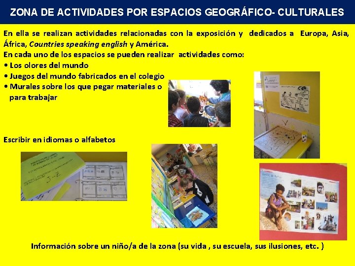 ZONA DE ACTIVIDADES POR ESPACIOS GEOGRÁFICO- CULTURALES En ella se realizan actividades relacionadas con