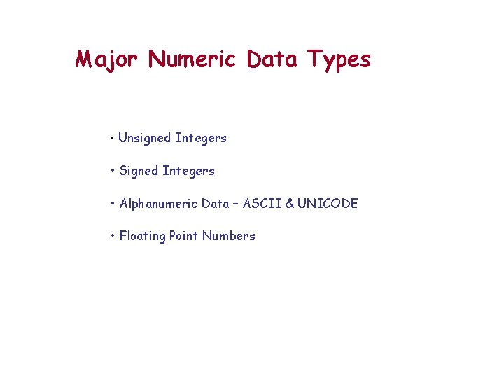 Major Numeric Data Types • Unsigned Integers • Signed Integers • Alphanumeric Data –